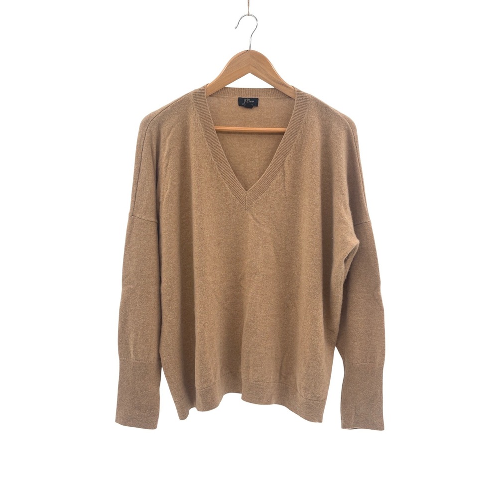 J. Crew Cashmere Sweater V Neck Women XL Camel Tan Oversized Quiet Luxury